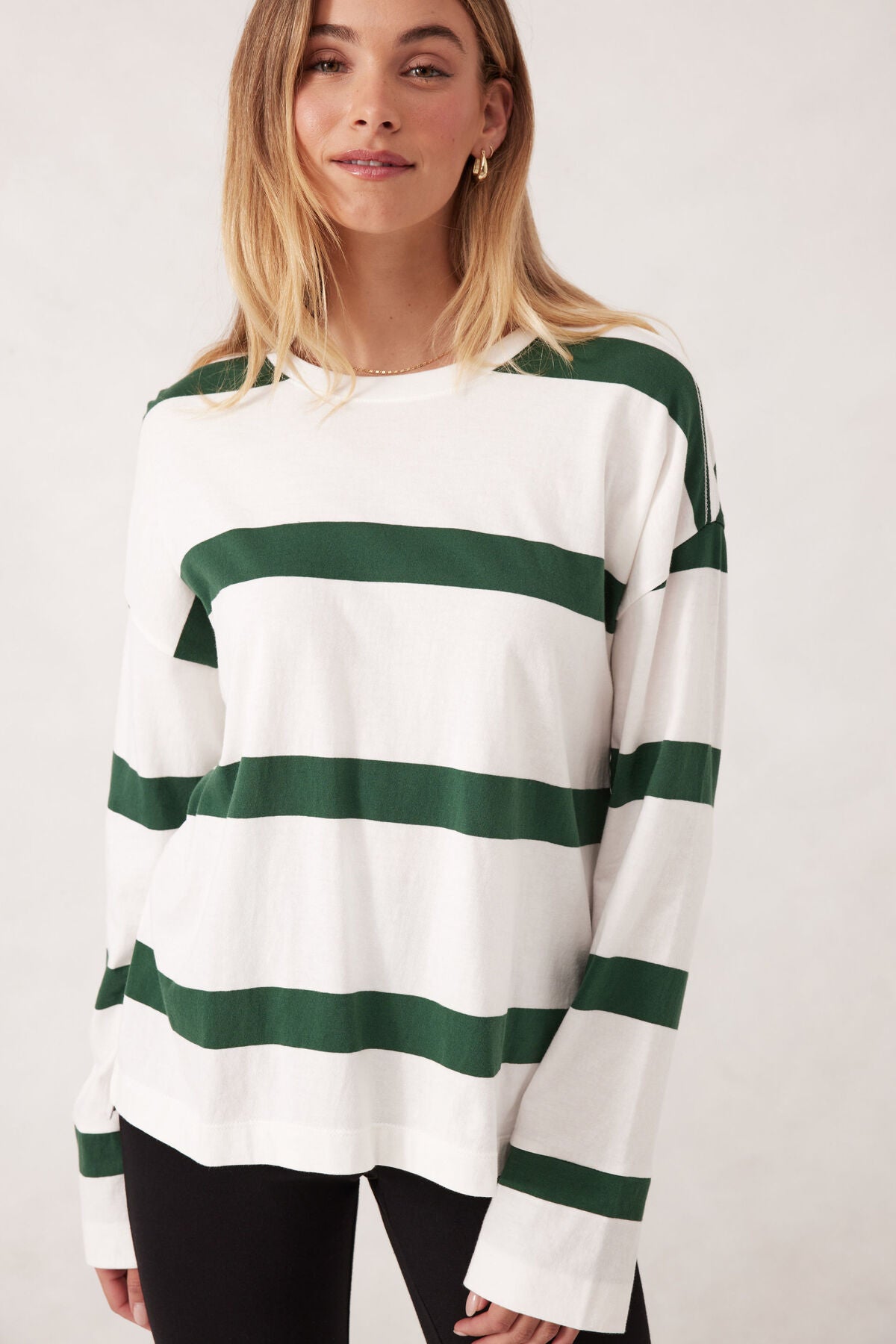 Ceres Life Slouchy Long Sleeve Tee - vanilla pine green bold stripe