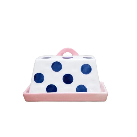 Noss & Co Butter Dish - navy dots with pink