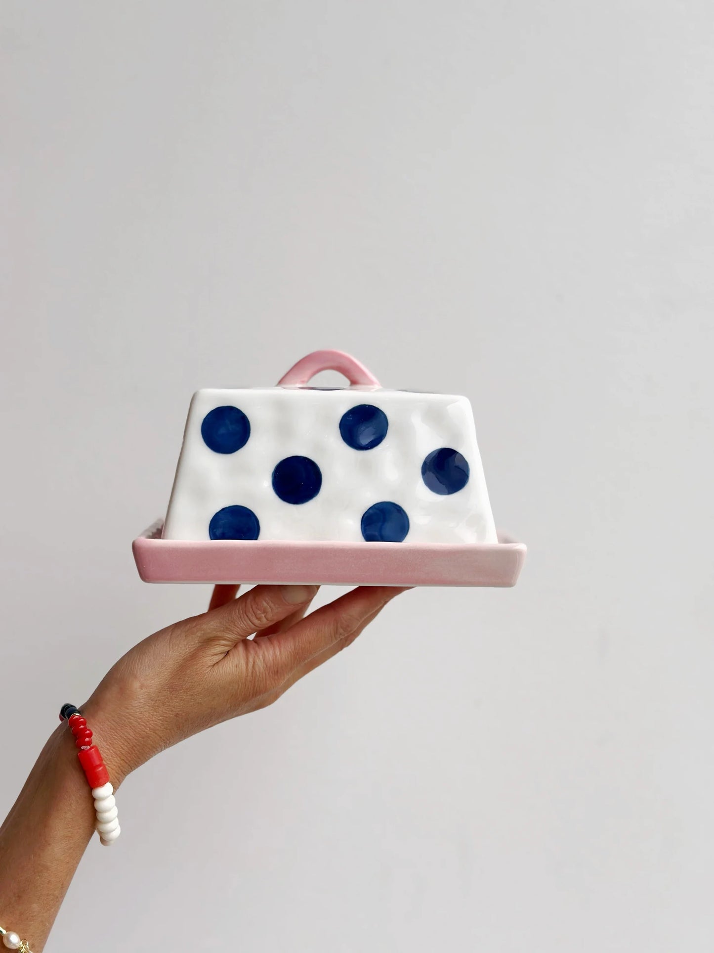 Noss & Co Butter Dish - navy dots with pink