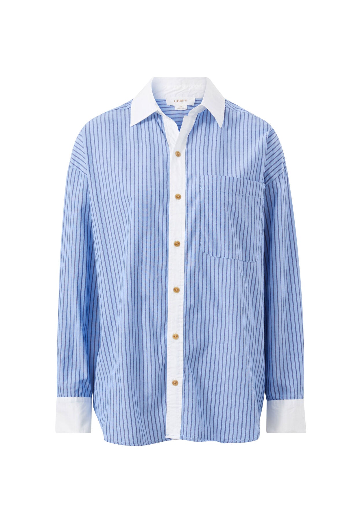 Ceres Life Peta Oversized Shirt - blue stripe white collar organic cotton