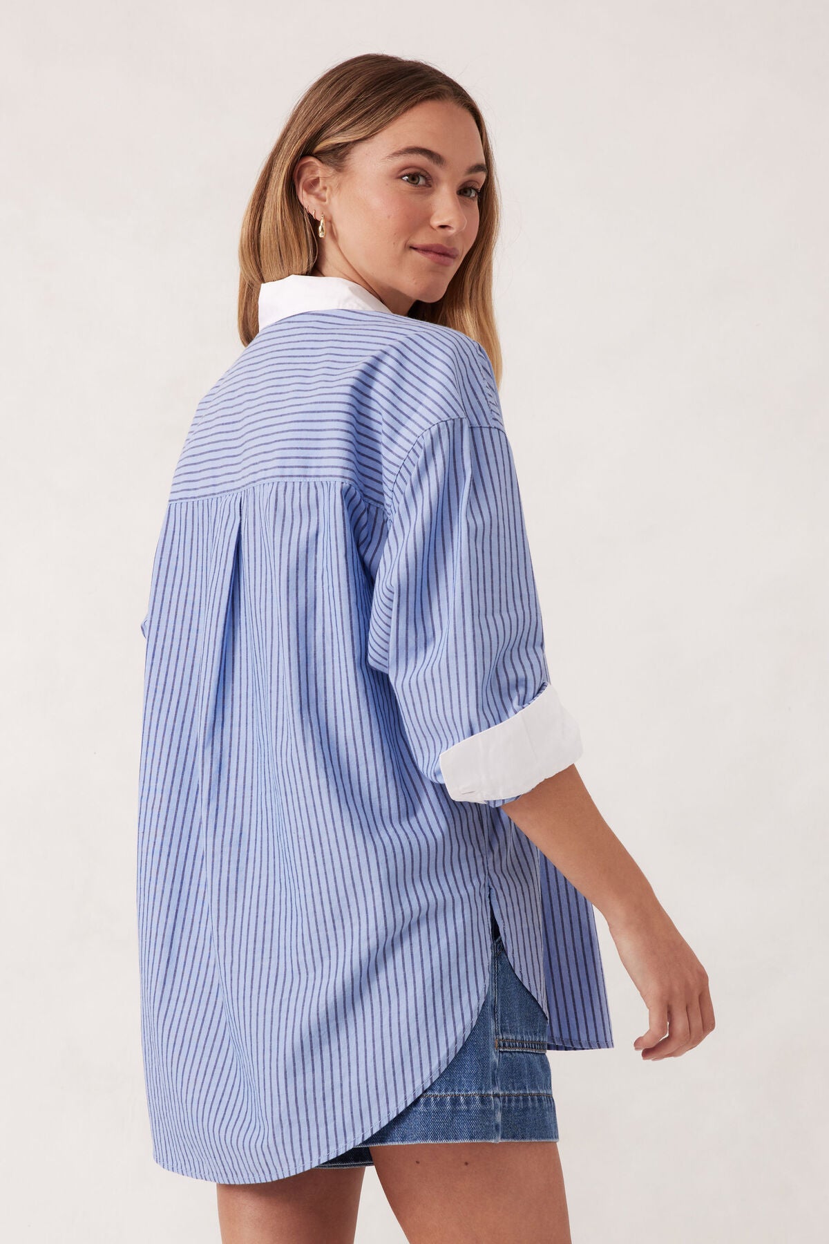 Ceres Life Peta Oversized Shirt - blue stripe white collar organic cotton