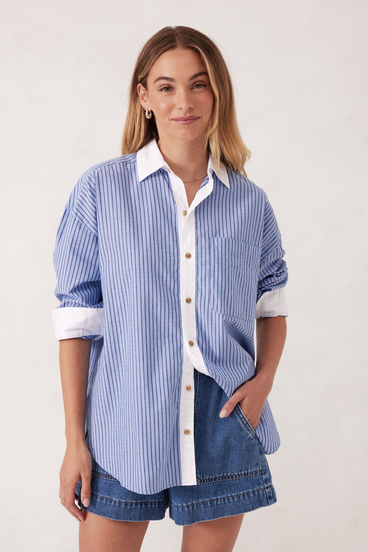 Ceres Life Peta Oversized Shirt - blue stripe white collar organic cotton