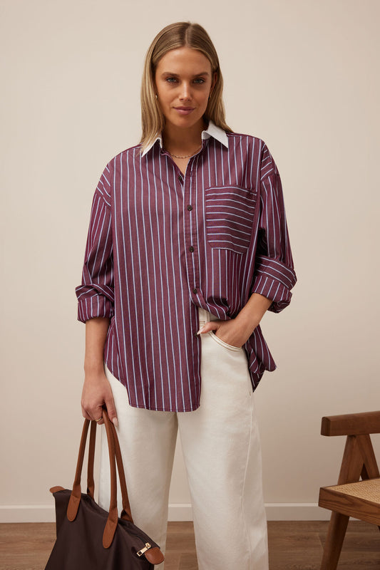 Ceres Peta Oversized Shirt - burgundy washed navy stripe white