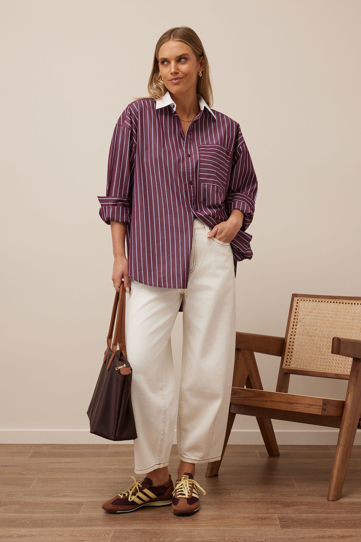 Ceres Peta Oversized Shirt - burgundy washed navy stripe white