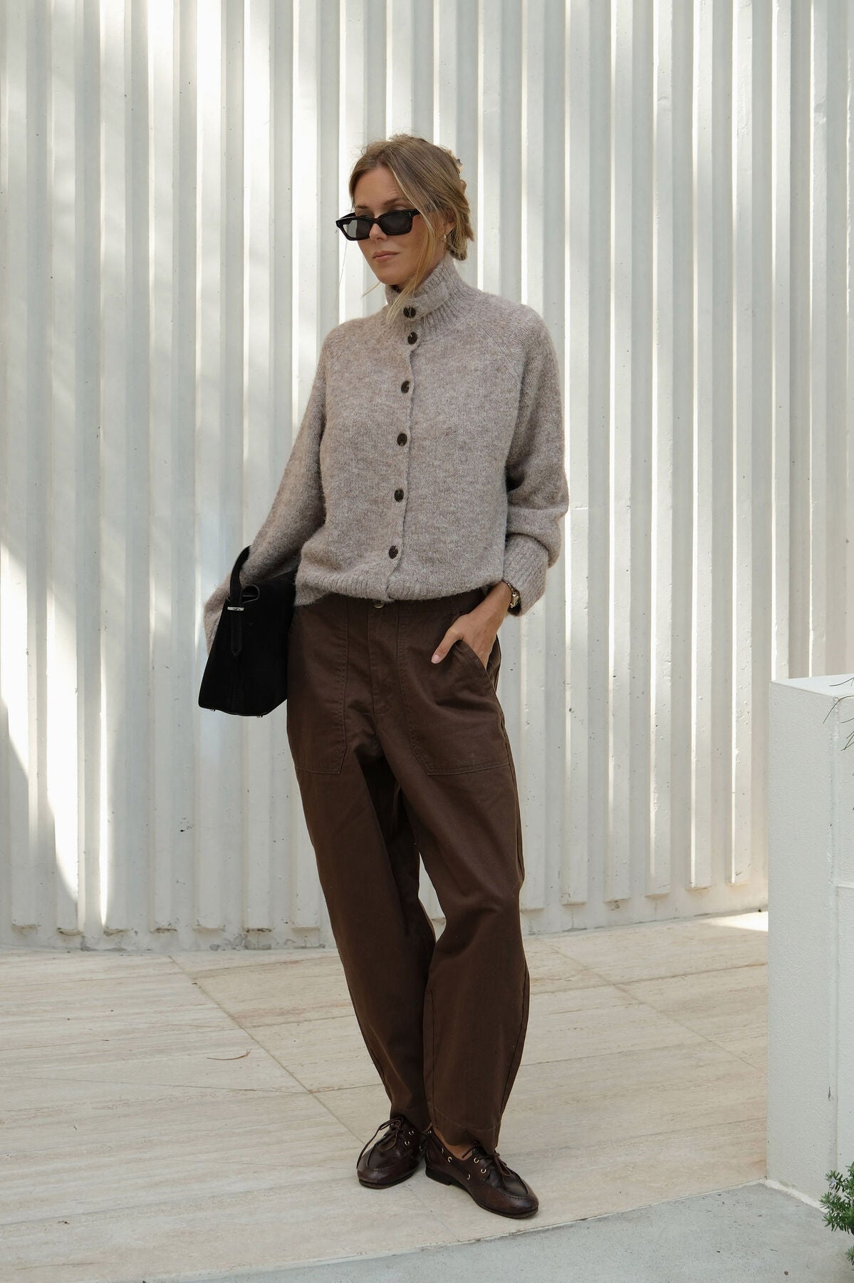 Ceres Riley Funnel Neck Tab Cardi - oat marle