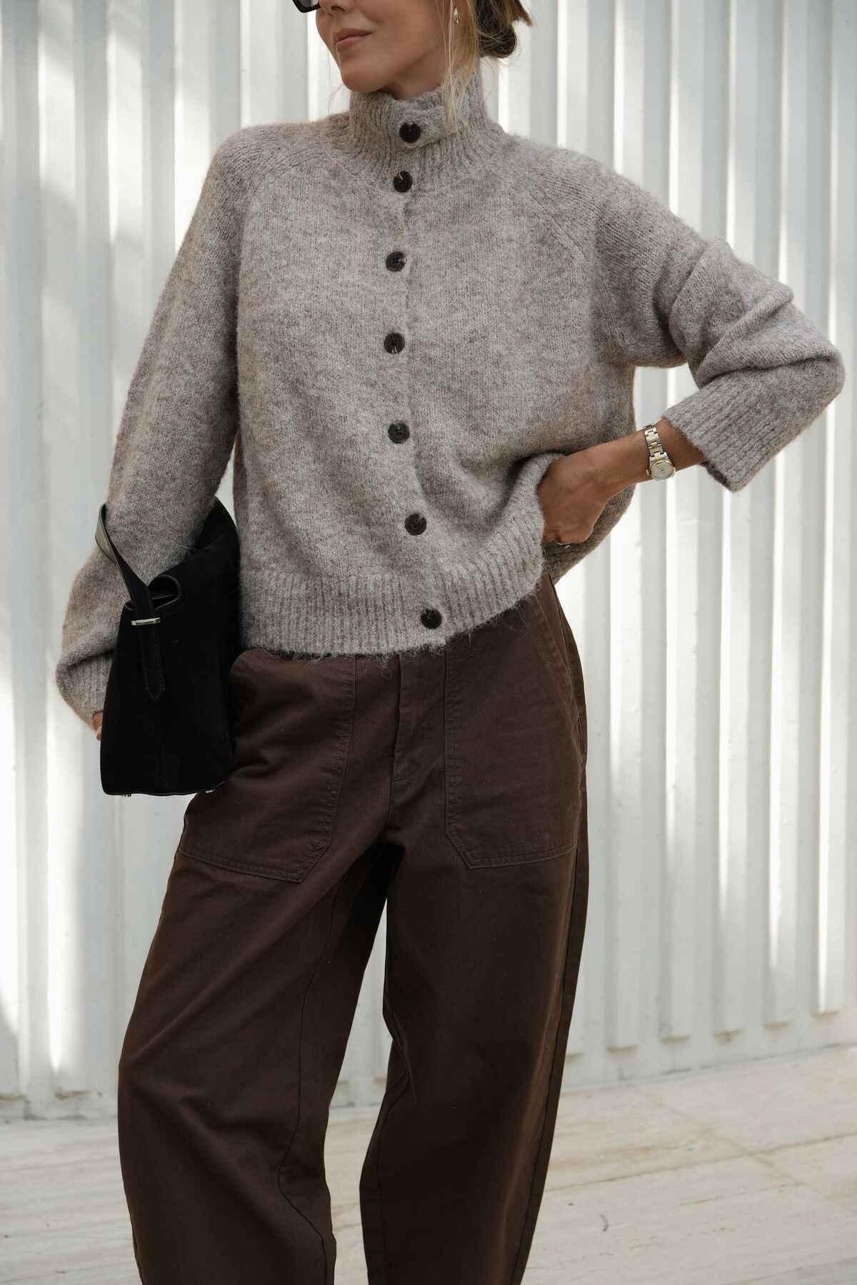 Ceres Riley Funnel Neck Tab Cardi - oat marle