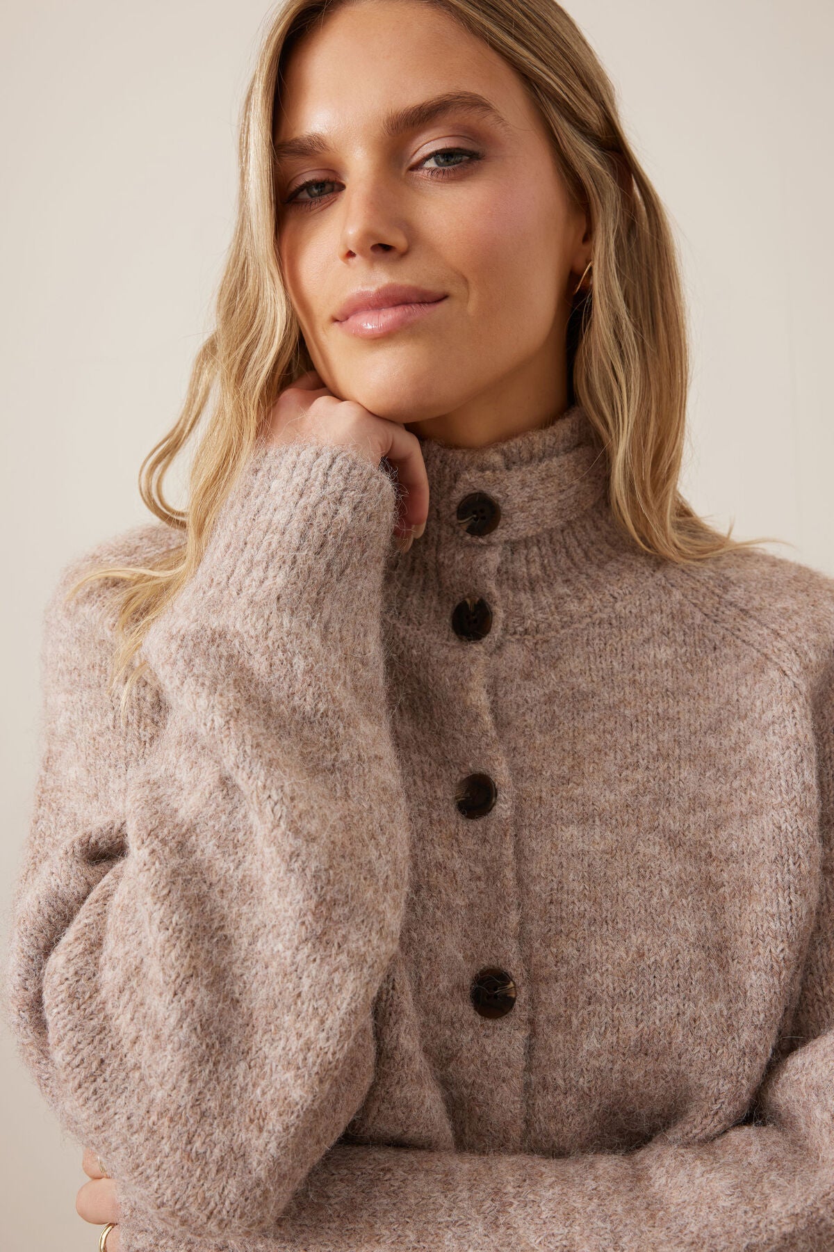 Ceres Riley Funnel Neck Tab Cardi - oat marle