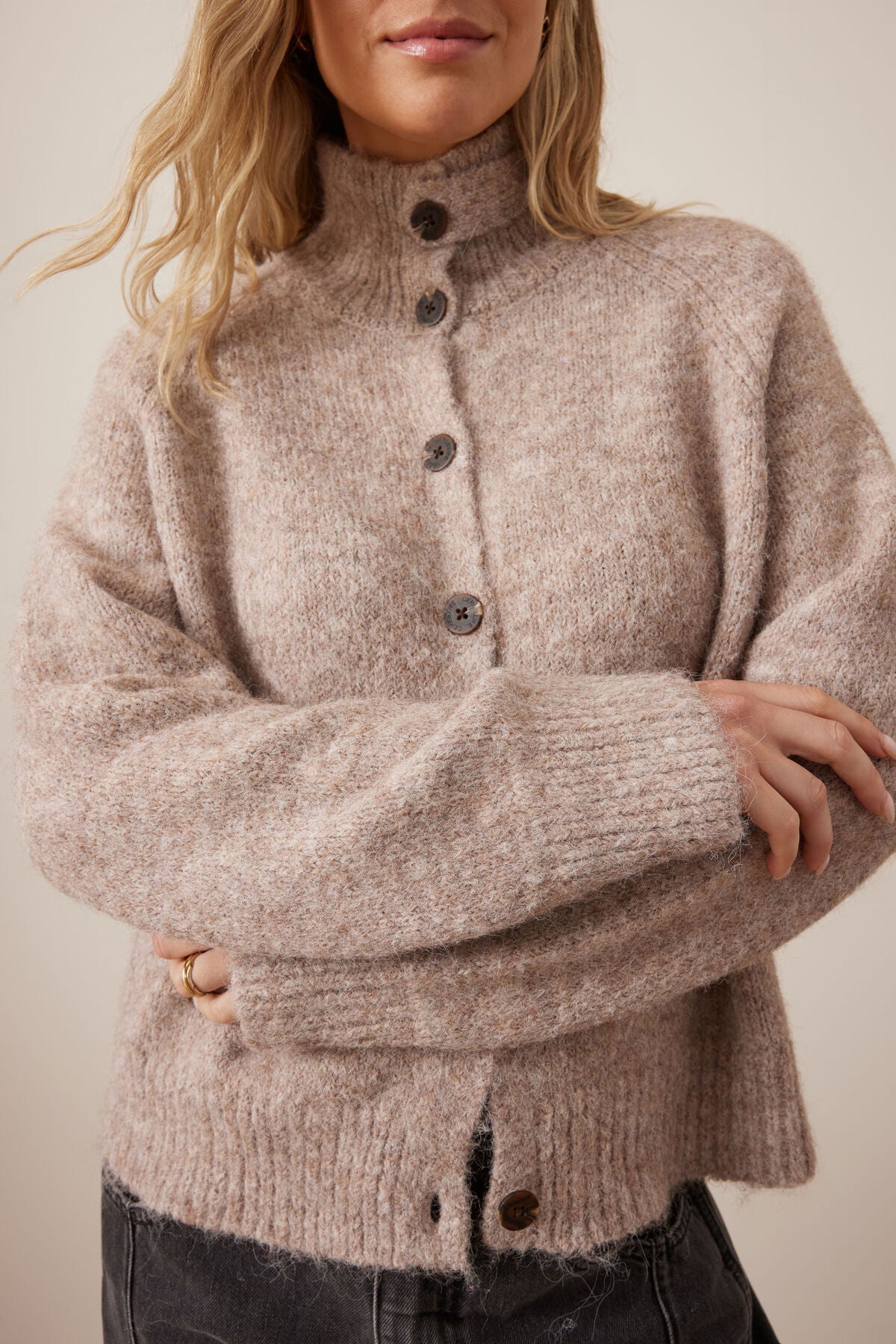 Ceres Riley Funnel Neck Tab Cardi - oat marle