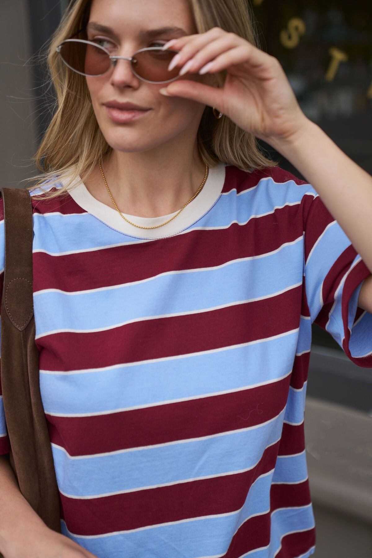 Ceres Stevie Slouchy Tee - burgundy/sky blue stripe