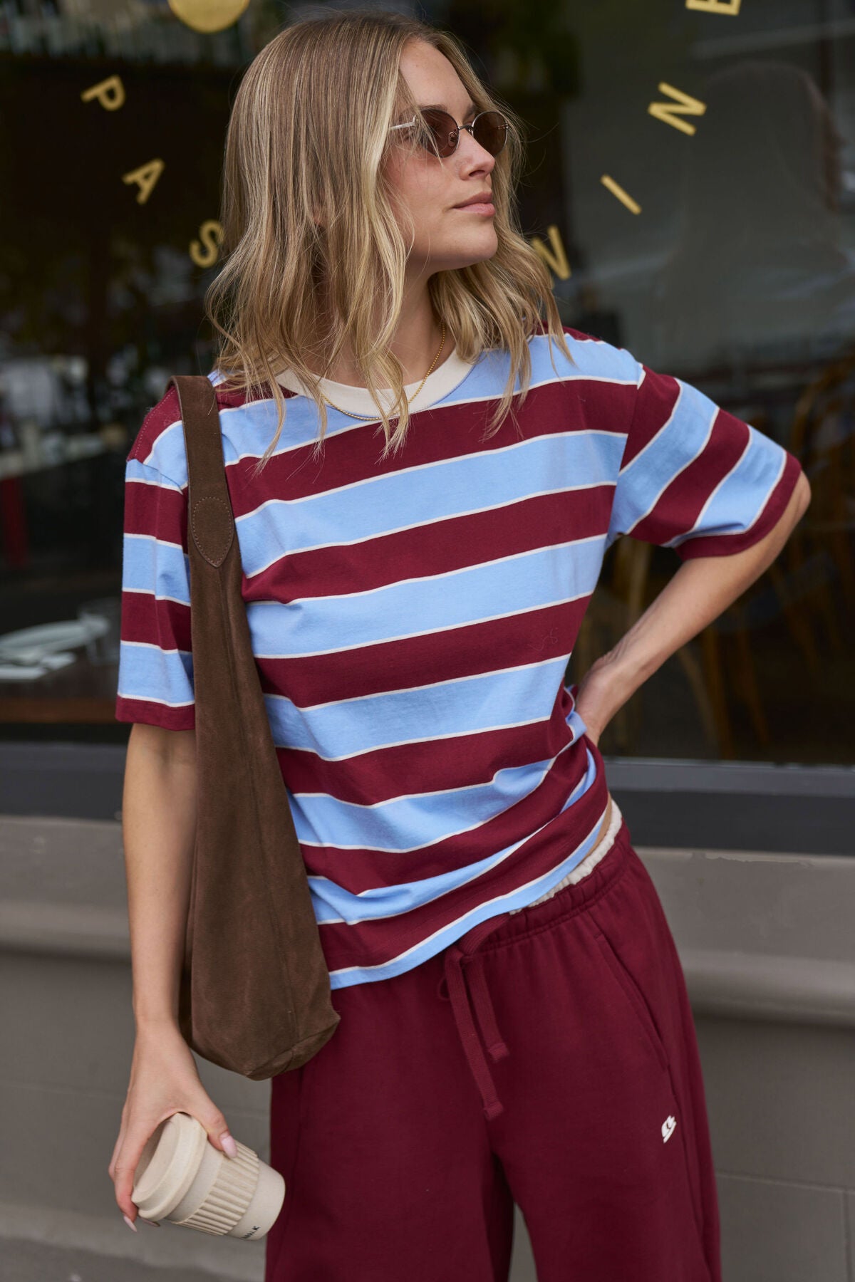 Ceres Stevie Slouchy Tee - burgundy/sky blue stripe