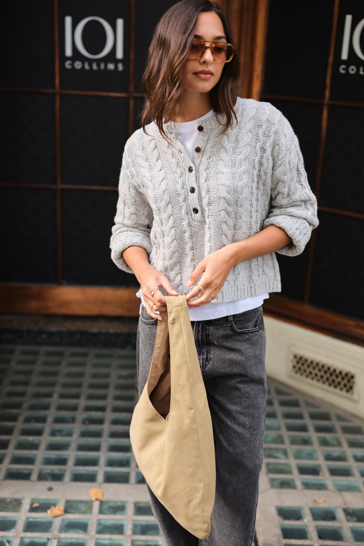 Ceres Enid Cable Knit Henley - silver marle