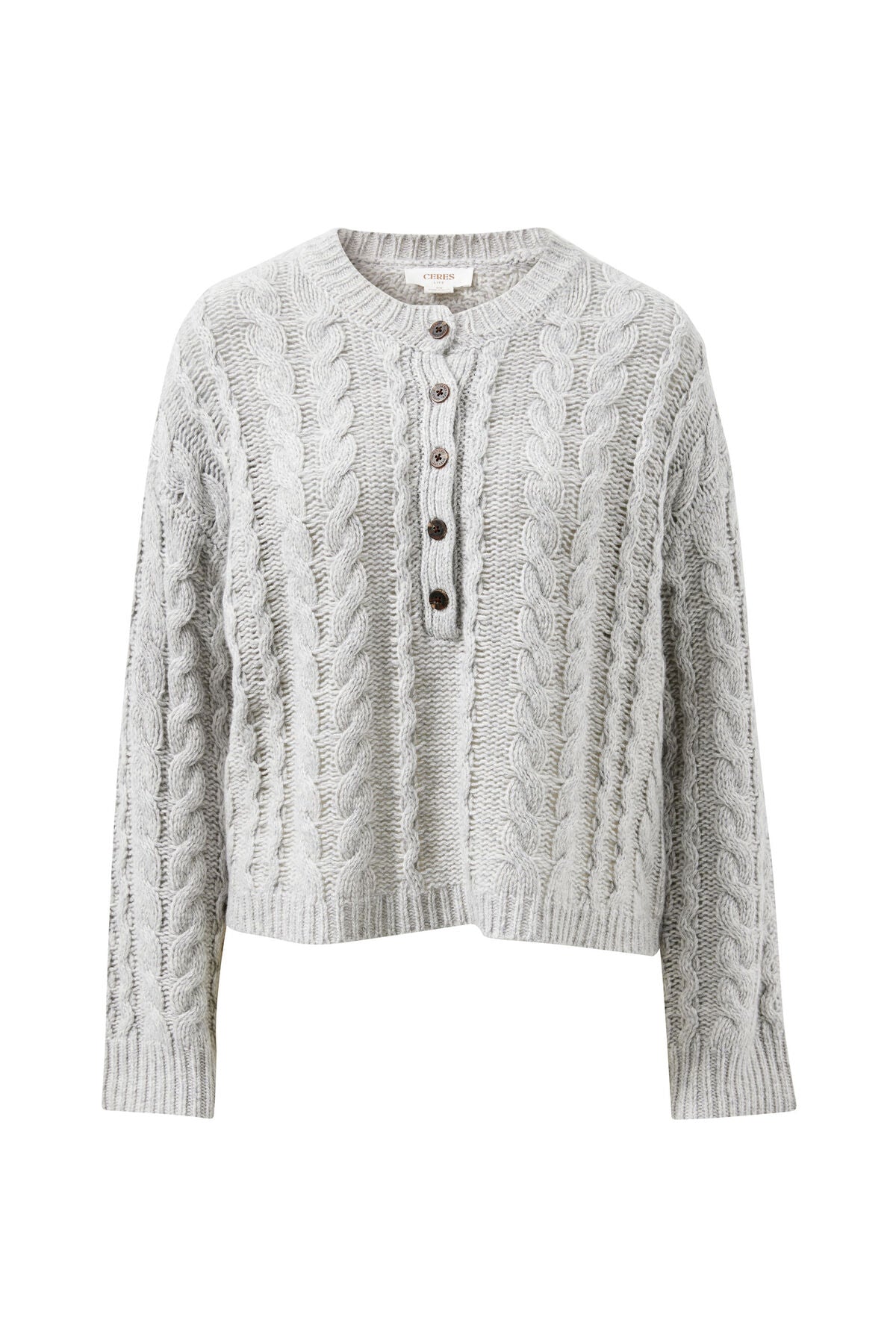 Ceres Enid Cable Knit Henley - silver marle