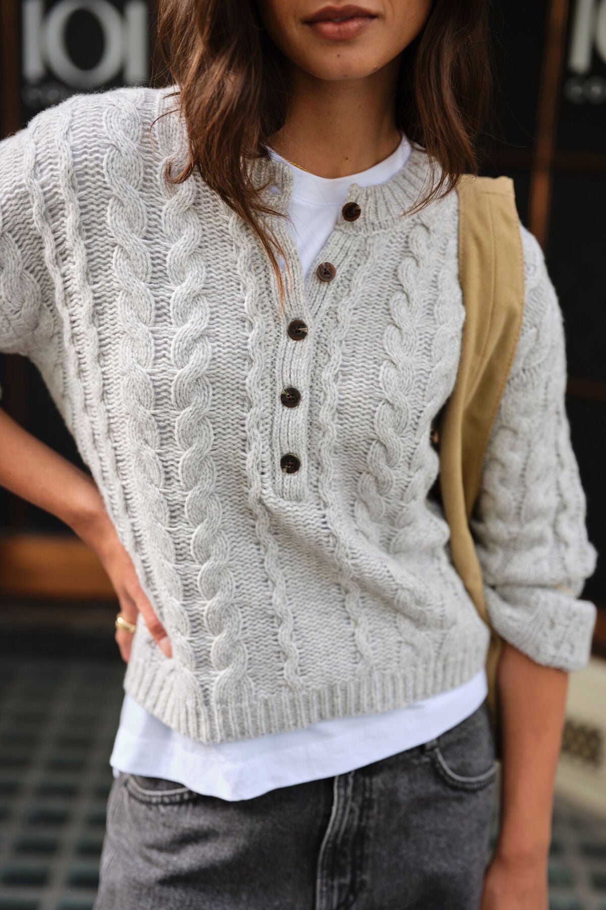 Ceres Enid Cable Knit Henley - silver marle