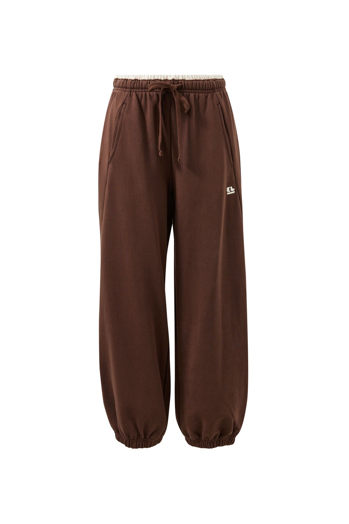 Ceres Bowie Barrel Leg Track Pant- brunette brown contrast buff bind