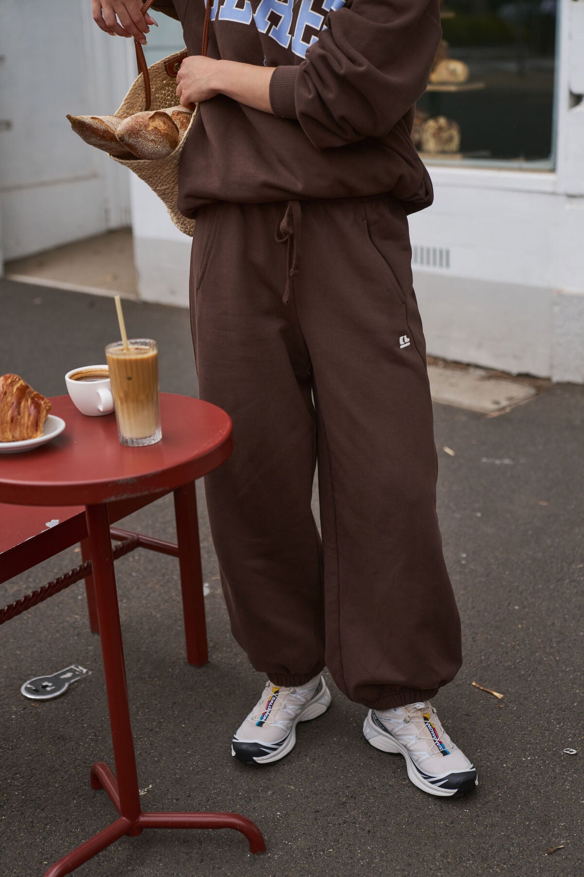 Ceres Bowie Barrel Leg Track Pant- brunette brown contrast buff bind