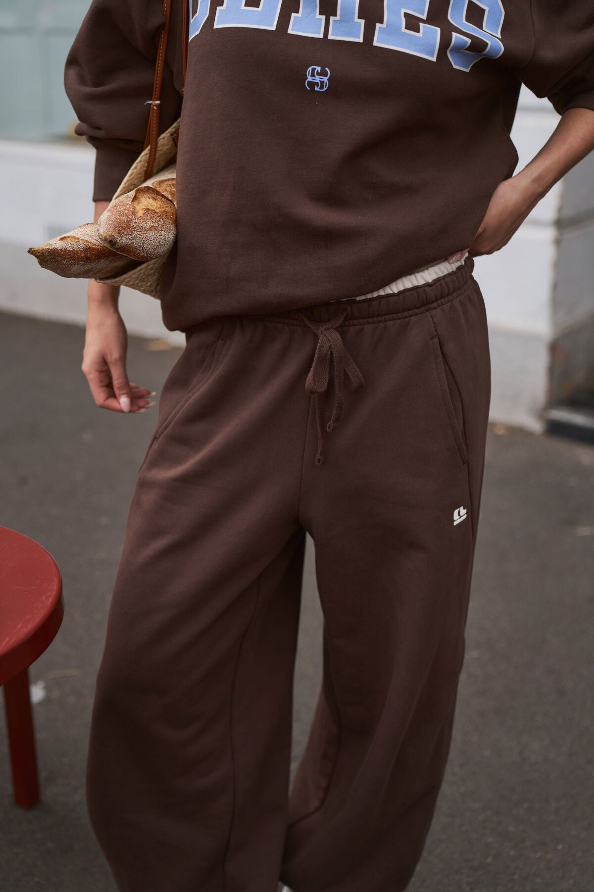 Ceres Bowie Barrel Leg Track Pant- brunette brown contrast buff bind