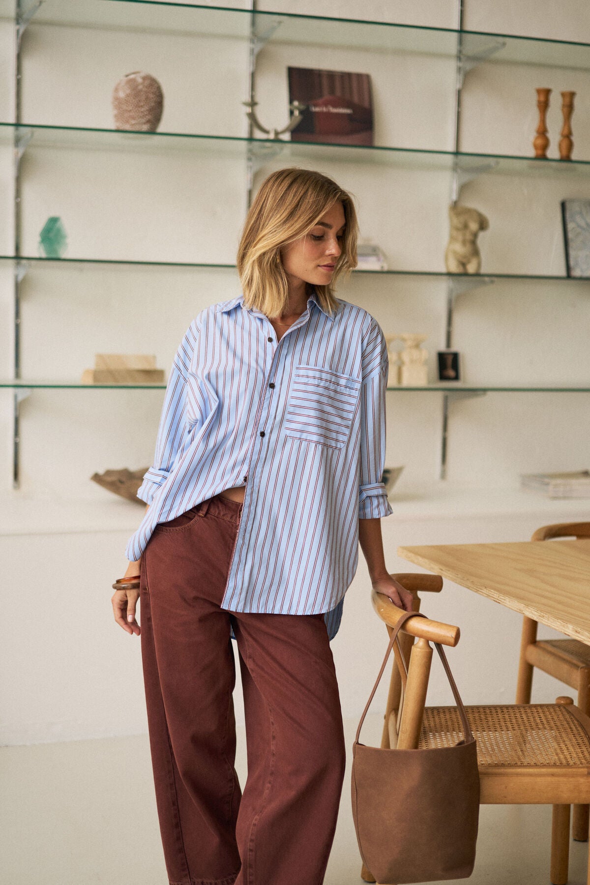 Ceres Peta Oversized Shirt - sky blue burgundy stripe