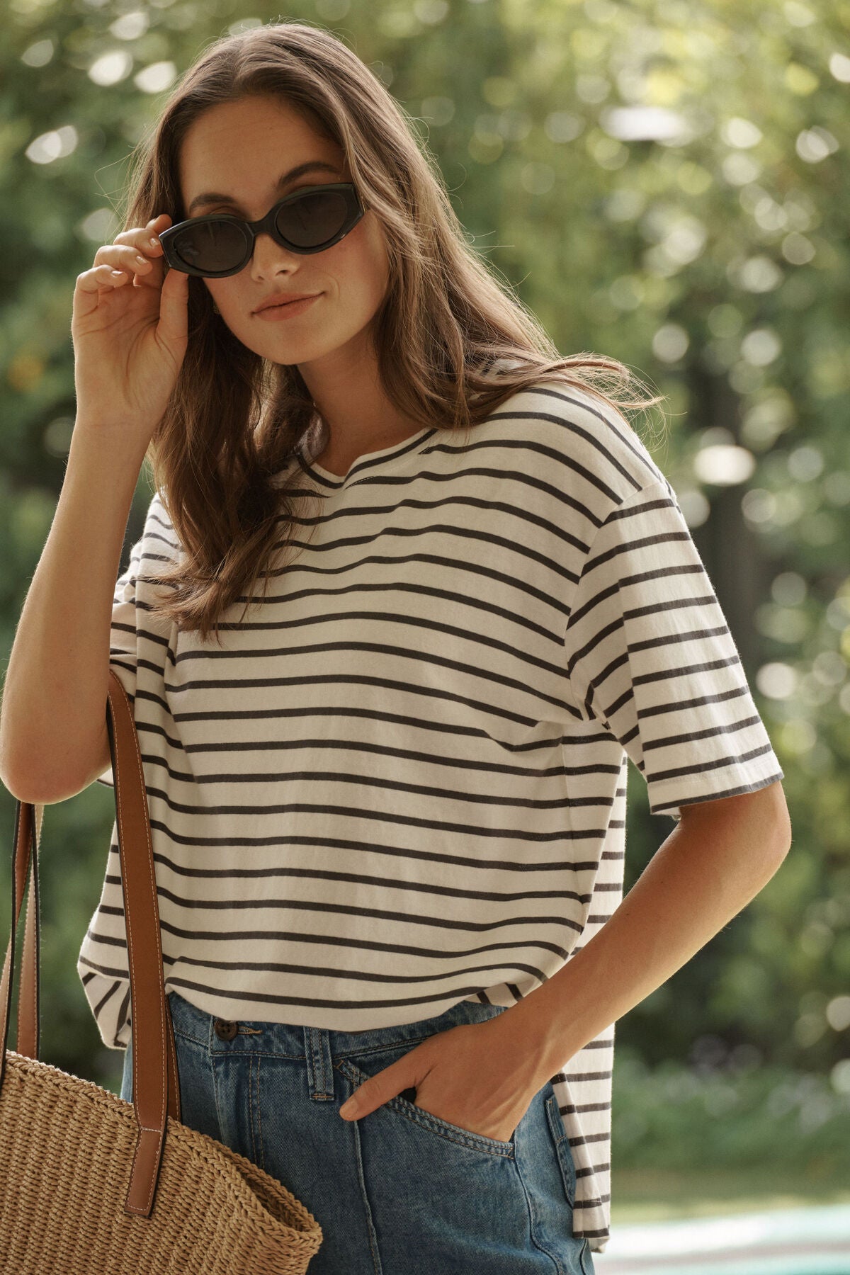 Ceres Life Slouchy Split Hem Tee - Vanilla/Phantom fine stripe