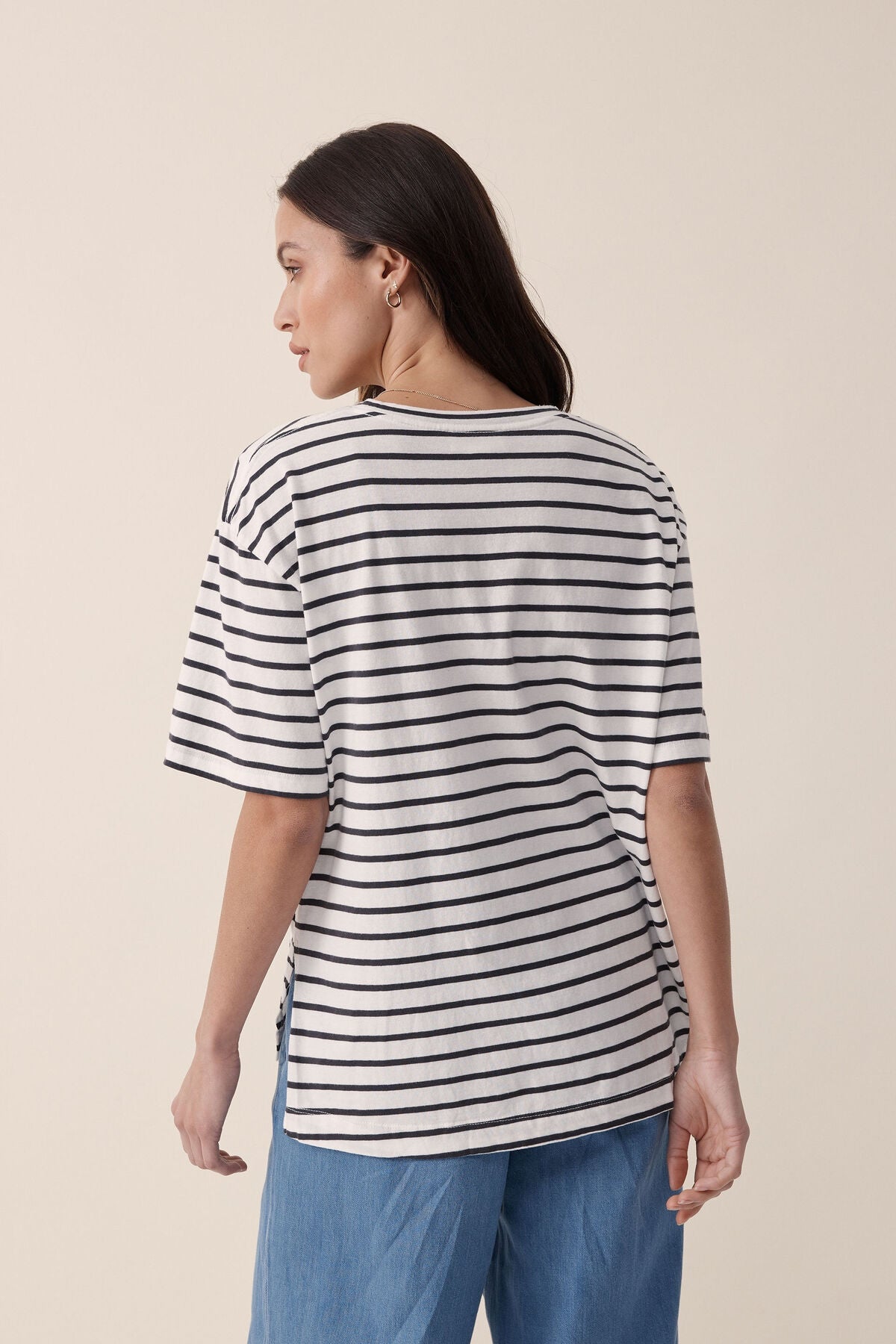 Ceres Life Slouchy Split Hem Tee - Vanilla/Phantom fine stripe