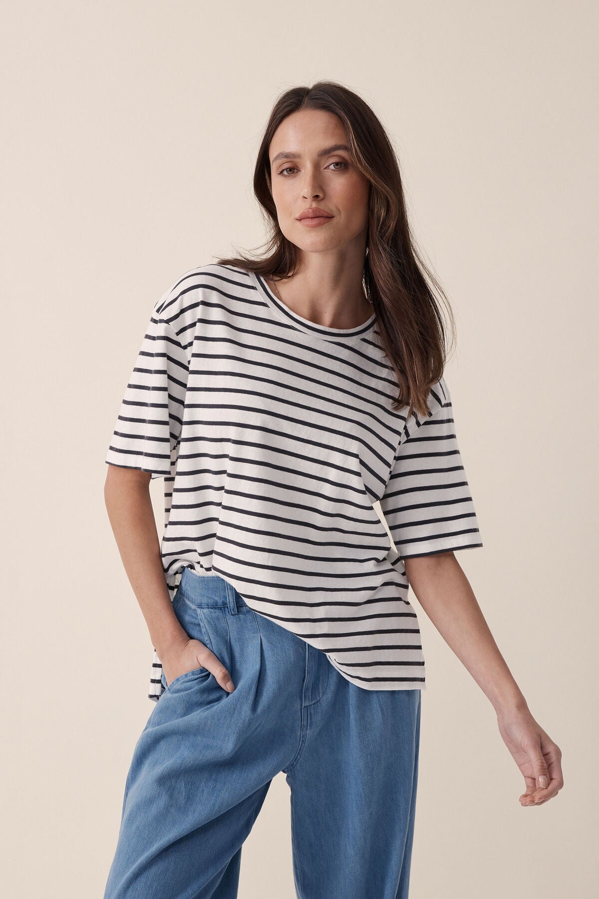 Ceres Life Slouchy Split Hem Tee - Vanilla/Phantom fine stripe