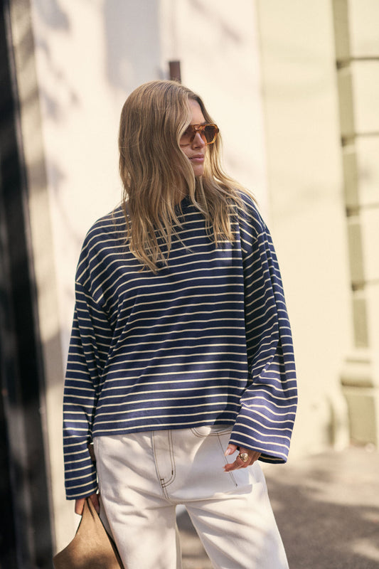 Ceres Beau Long Sleeve Slouchy Tee - heritage navy/ marshmallow stripe