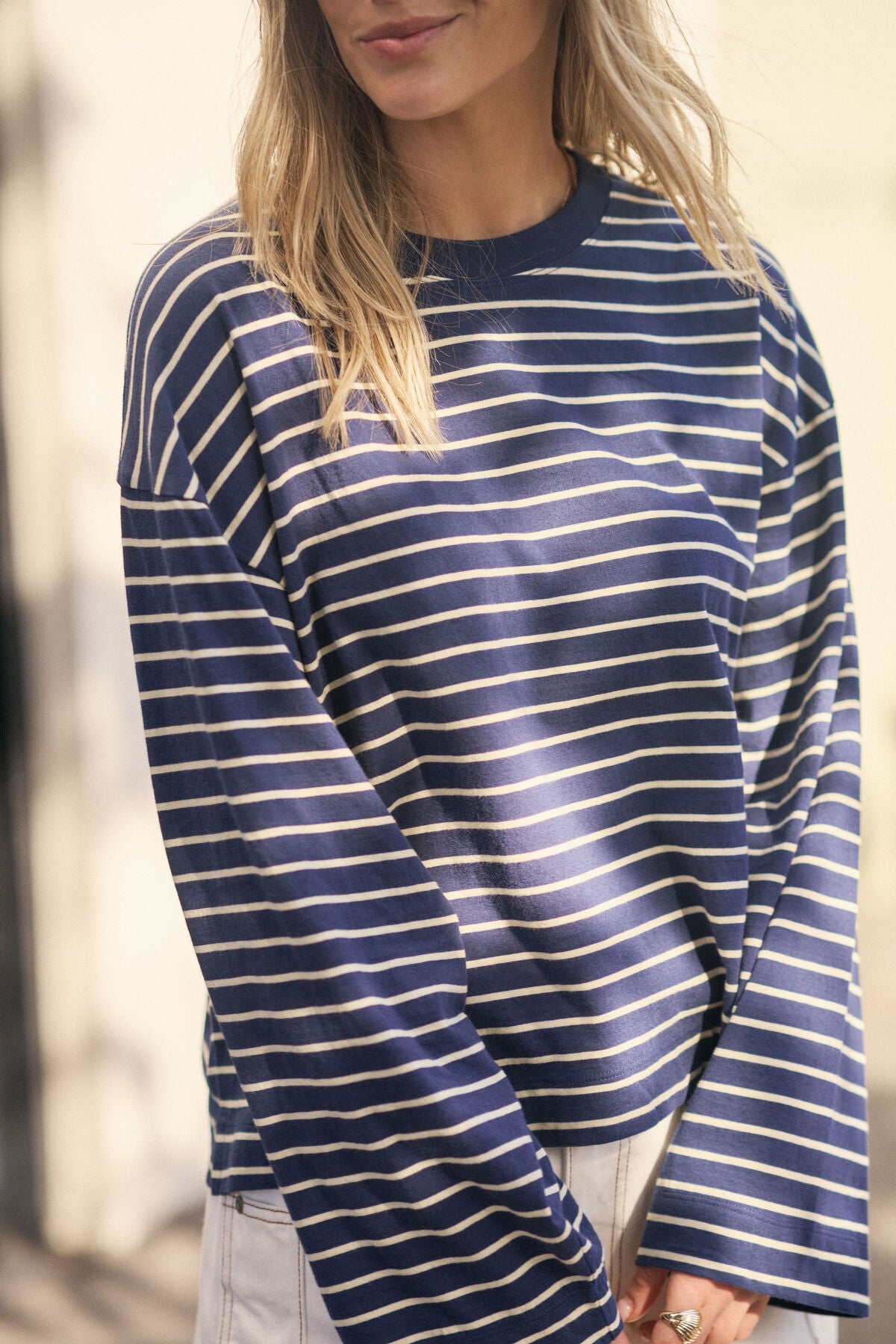 Ceres Beau Long Sleeve Slouchy Tee - heritage navy/ marshmallow stripe