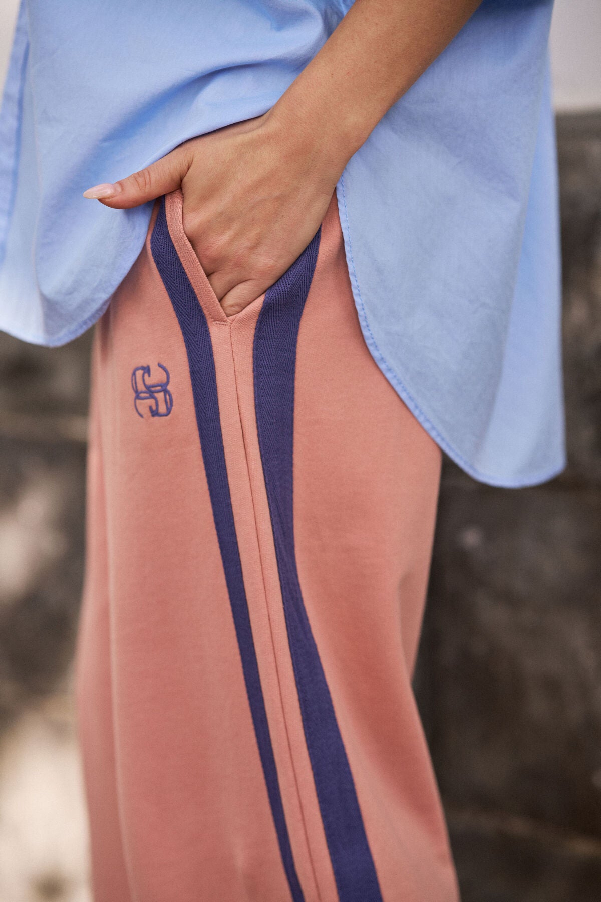 Ceres Gigi Wide Leg Track Pant - pink clay washed navy side stripe
