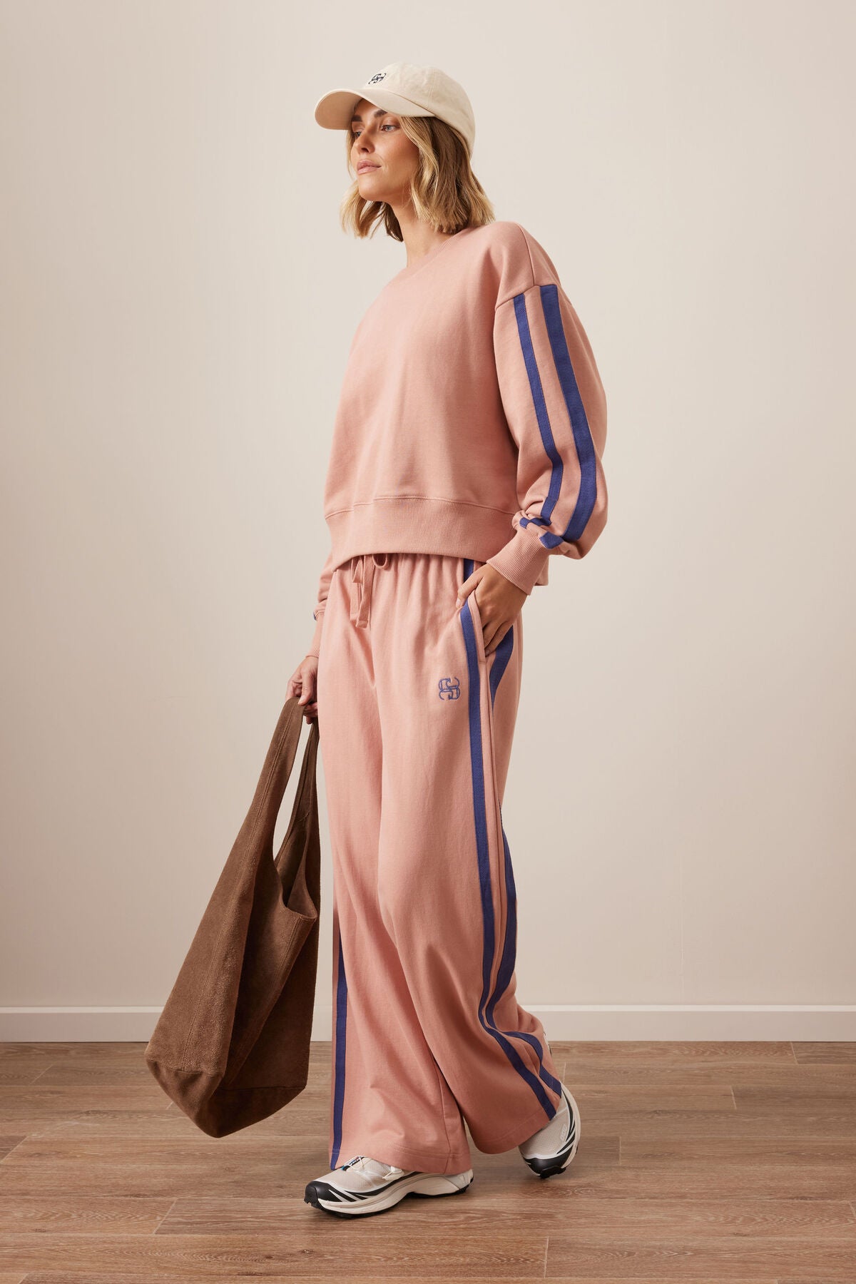 Ceres Gigi Wide Leg Track Pant - pink clay washed navy side stripe
