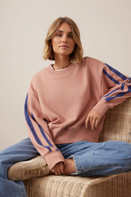 Ceres Sasha Sporty Slouchy Crew - pink clay washed navy side stripe
