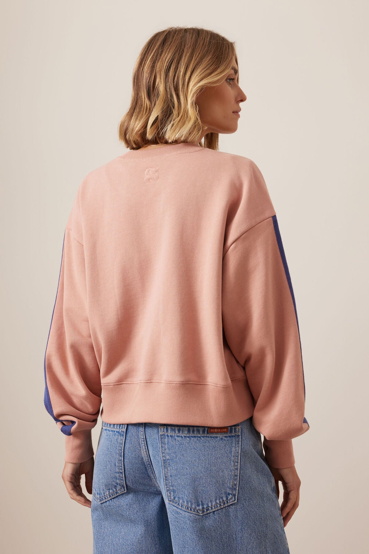 Ceres Sasha Sporty Slouchy Crew - pink clay washed navy side stripe