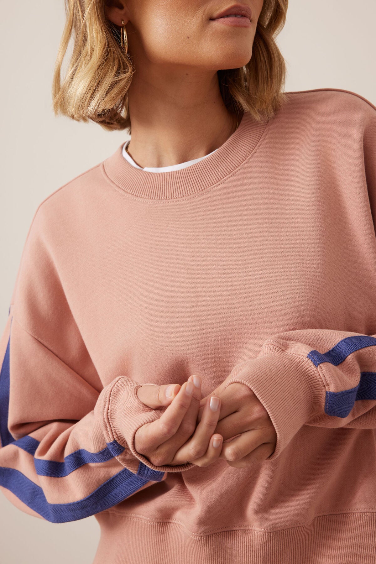 Ceres Sasha Sporty Slouchy Crew - pink clay washed navy side stripe