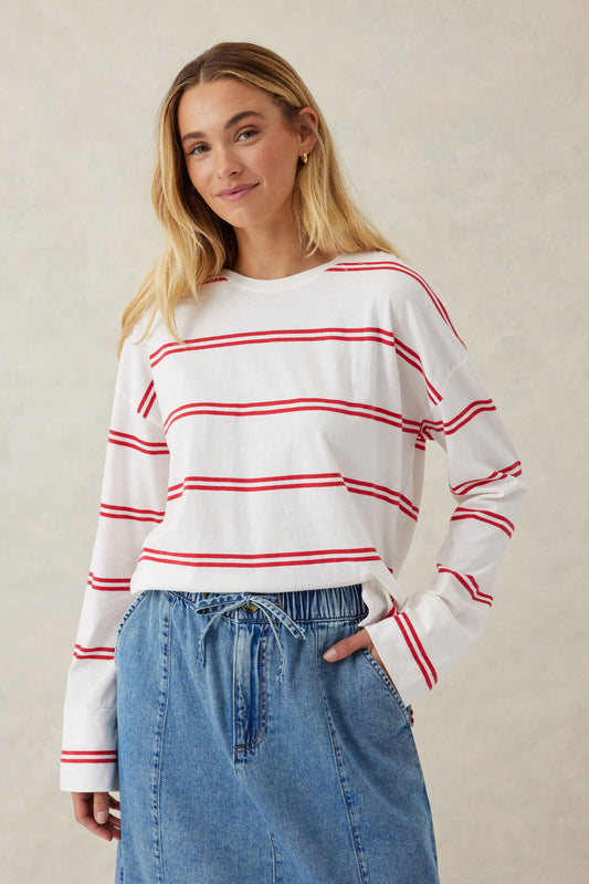 Ceres Life Slouchy Long Sleeve Tee - vanilla and double red stripe