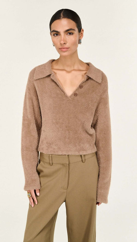 Staple the Label Ember Fluffy Knit Polo Jumper - mocha