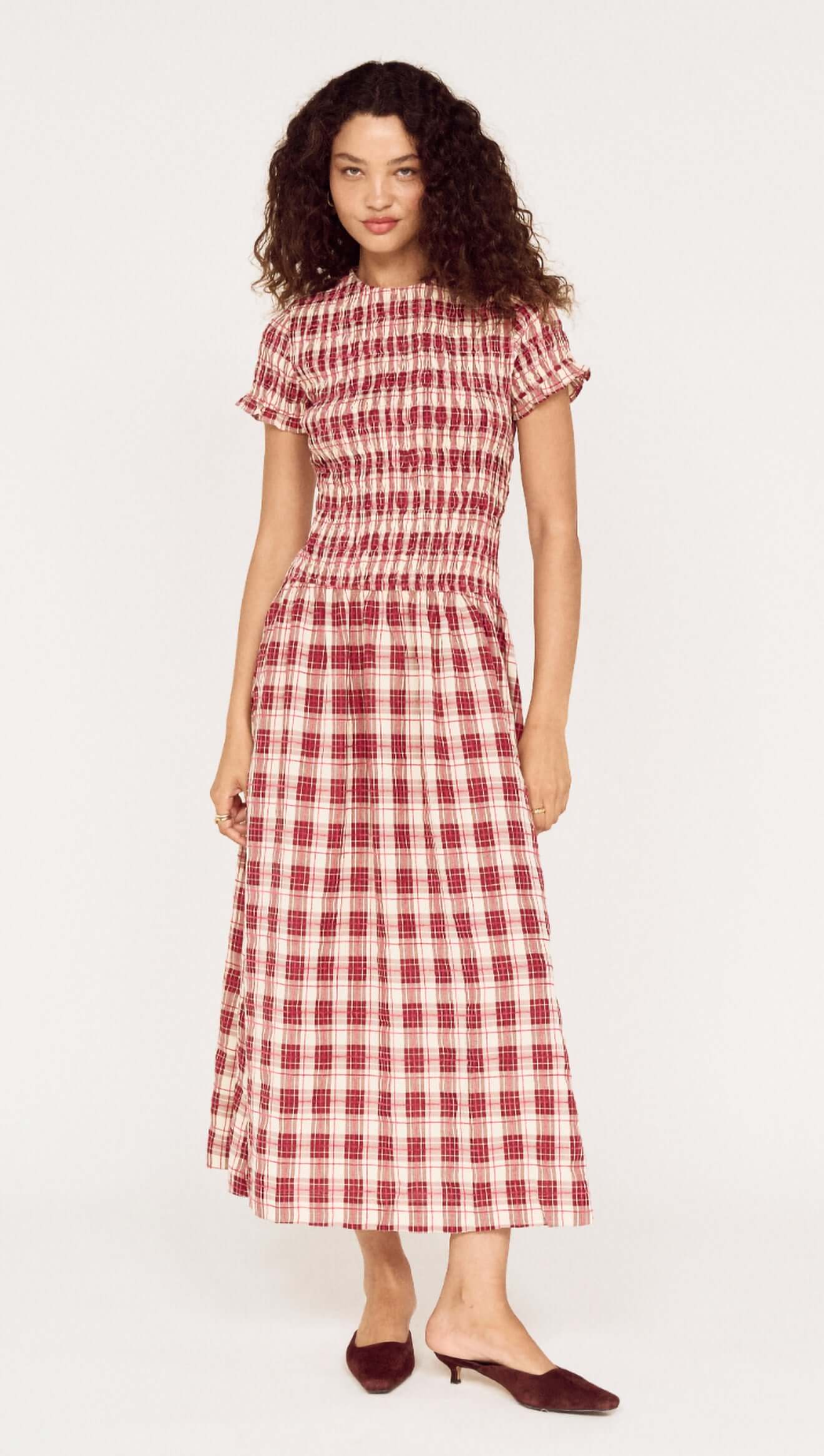 MINKPINK Anouk Shirred Midi Dress - wine check