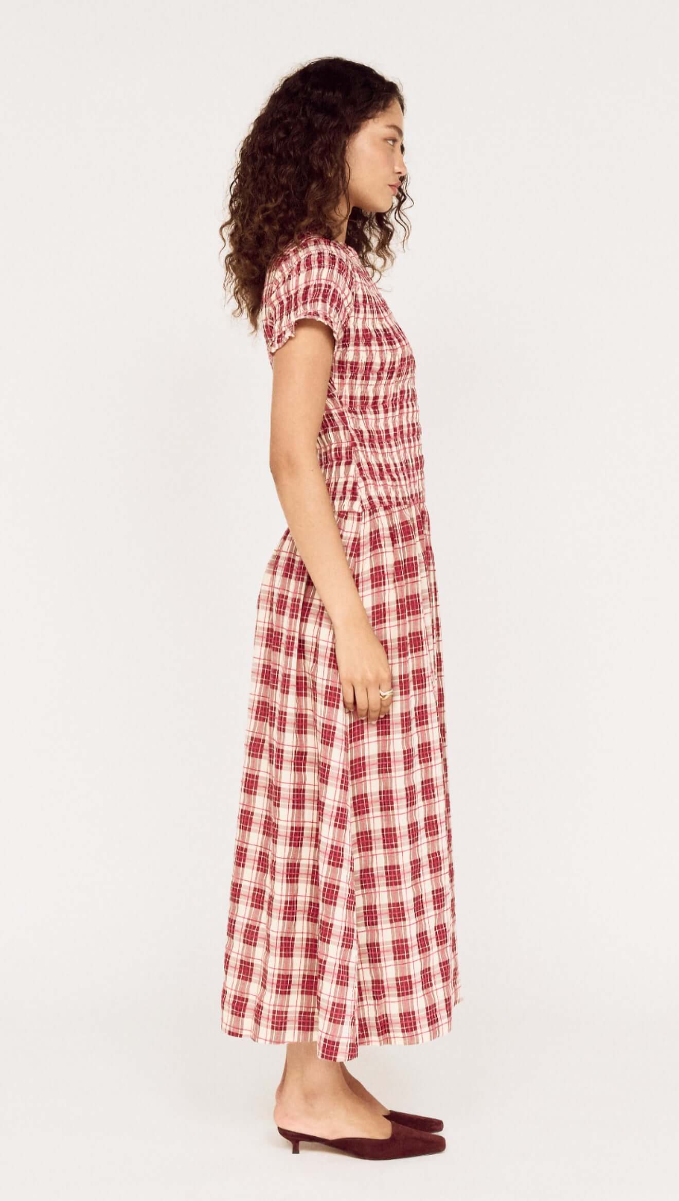 MINKPINK Anouk Shirred Midi Dress - wine check