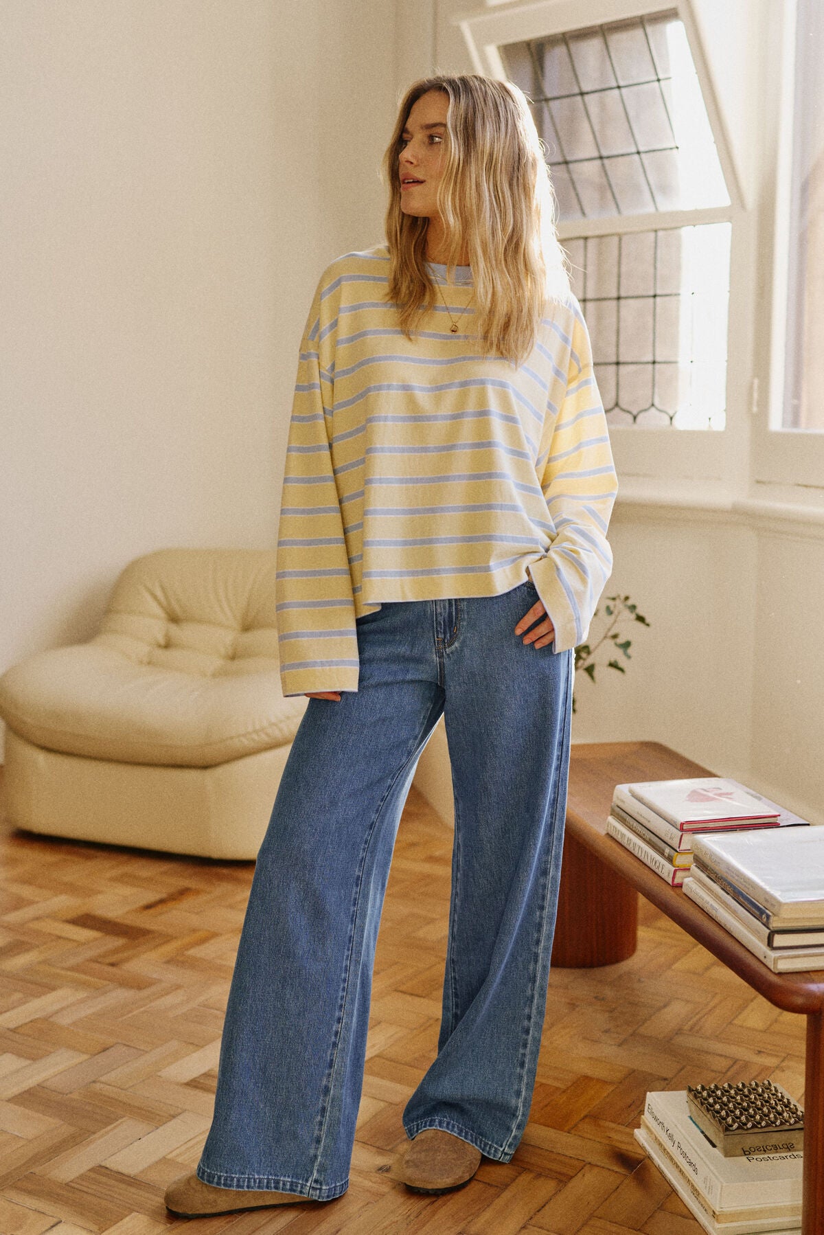 Ceres Beau Long Sleeve Slouchy Tee - butter/china blue