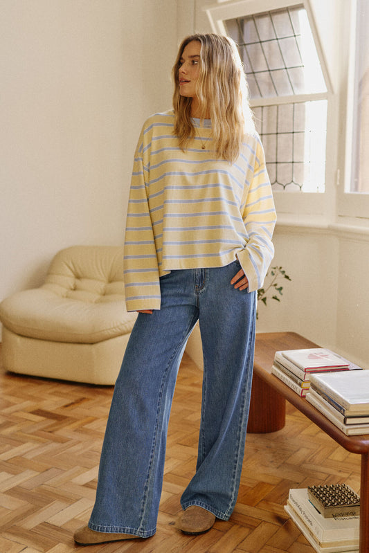 Ceres Beau Long Sleeve Slouchy Tee - butter/china blue