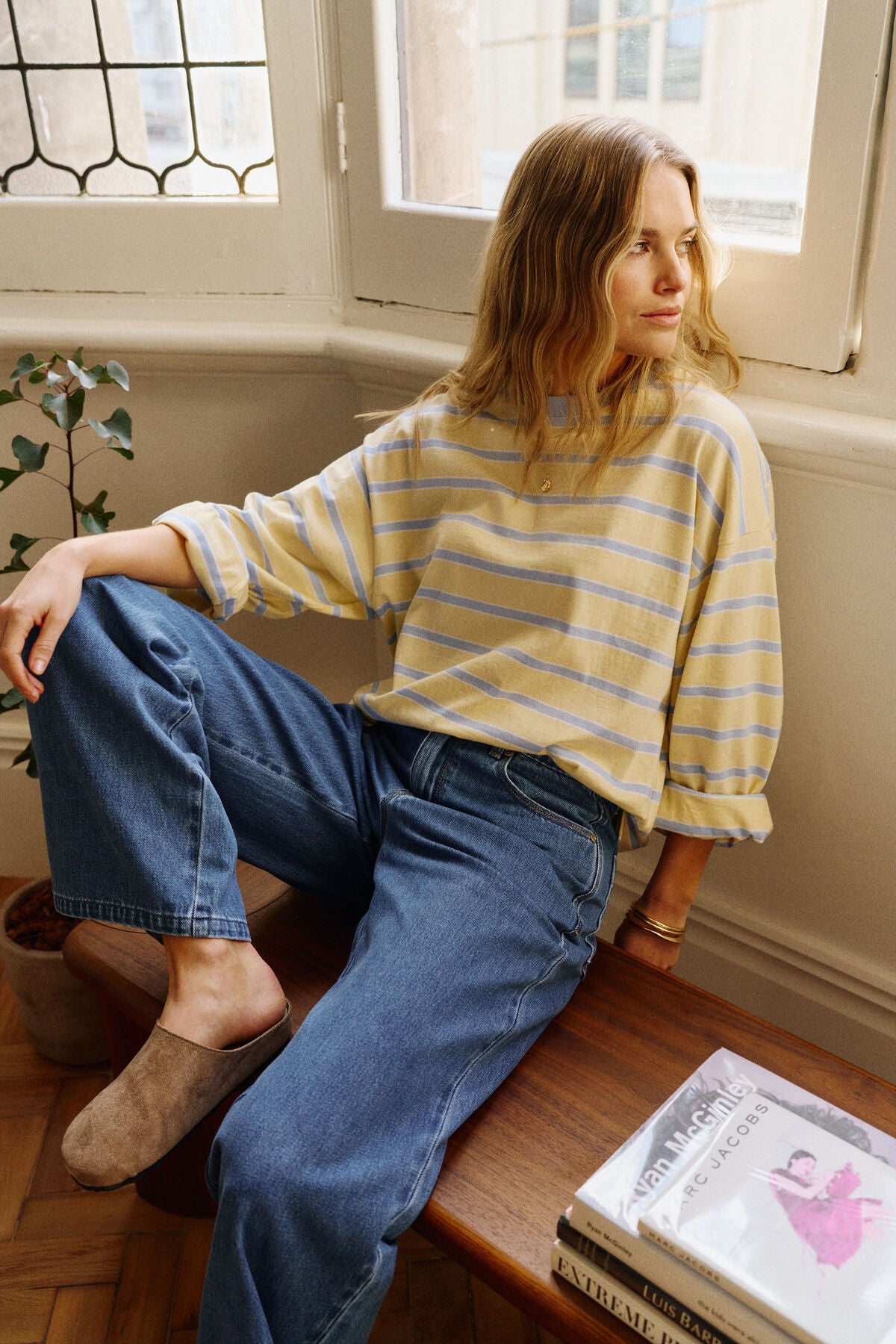 Ceres Beau Long Sleeve Slouchy Tee - butter/china blue