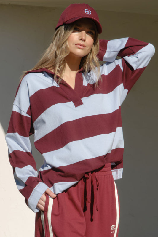 Ceres Shelby Slouchy Rugby Top - chalk blue raisin stripe