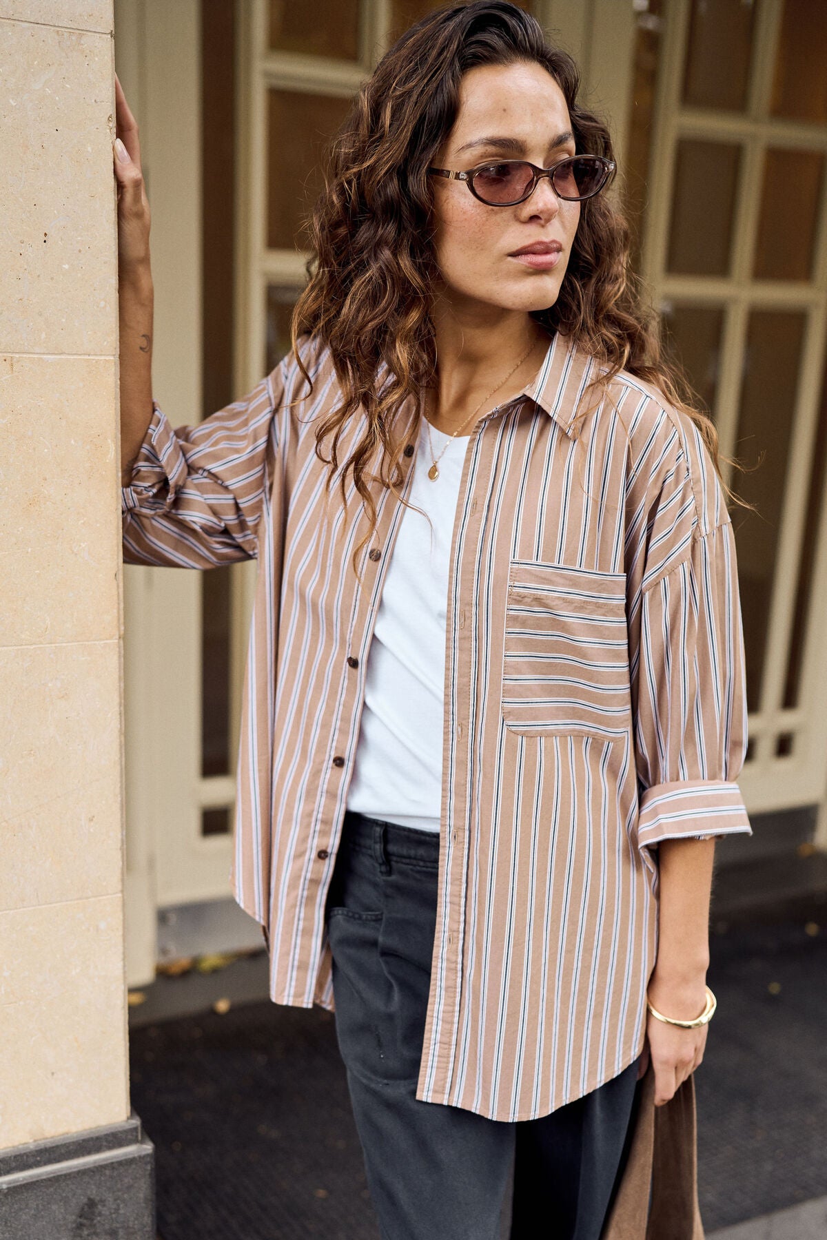 Ceres Peta Oversized Shirt - biscuit stripe