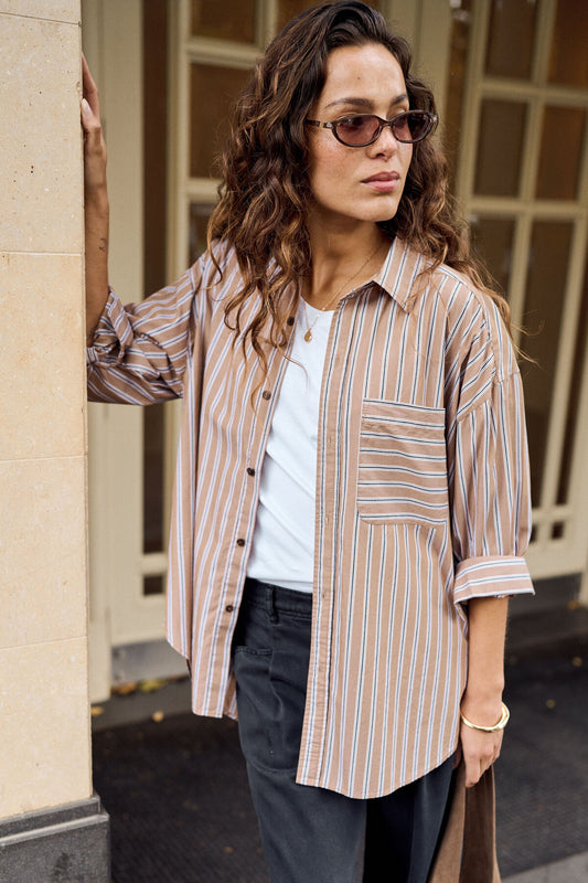 Ceres Peta Oversized Shirt - biscuit stripe