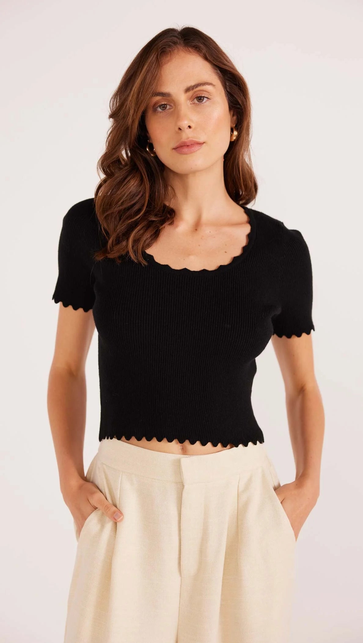 MINKPINK Laura Scallop Knit Tee - black