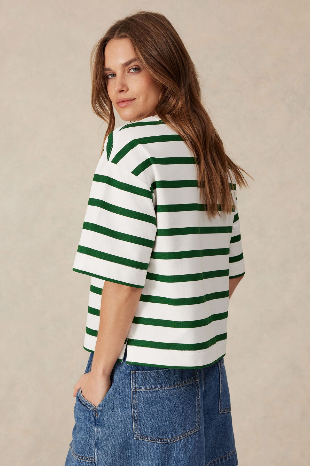 Ceres Life Boxy Terry Tee - white winter green stripe