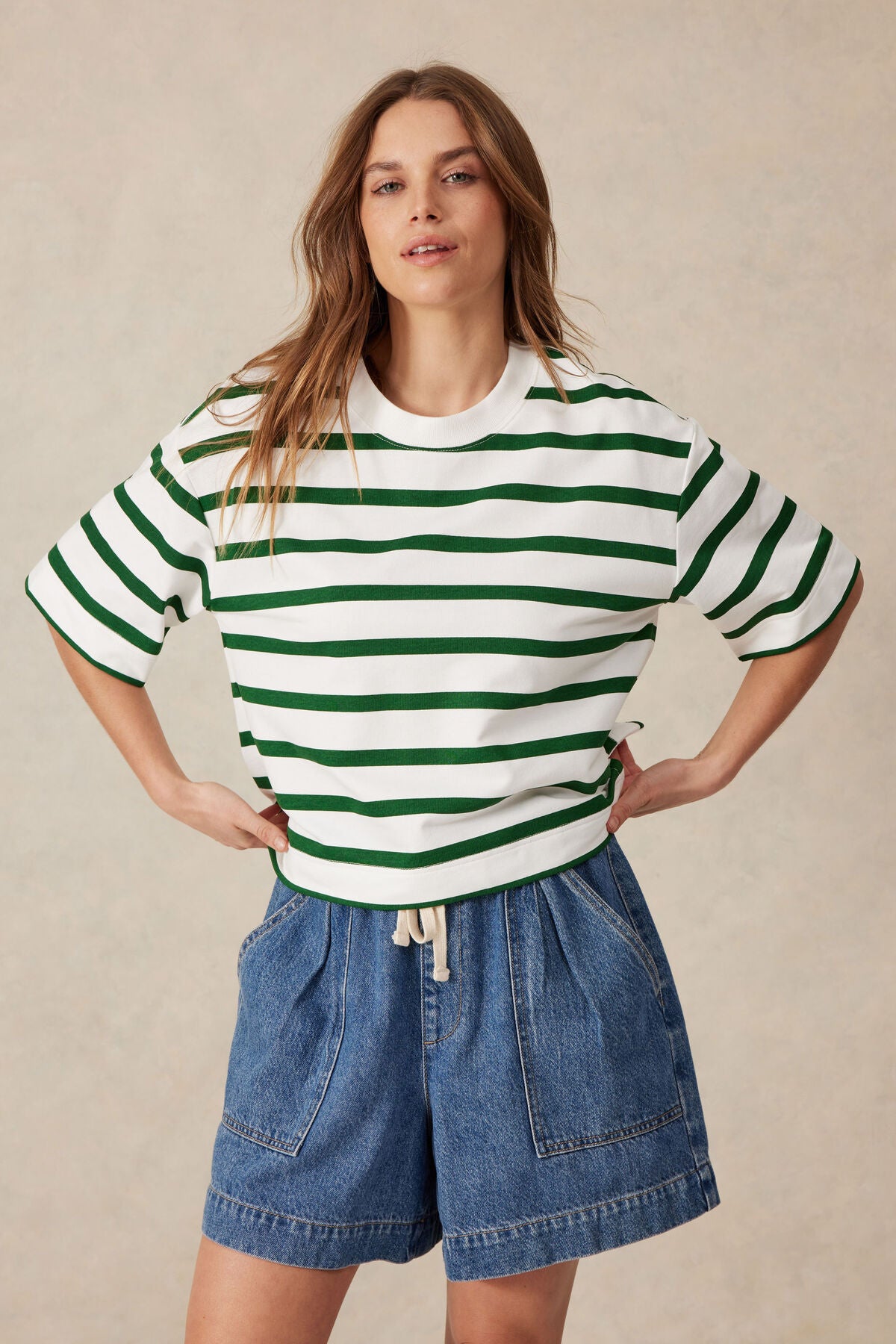 Ceres Life Boxy Terry Tee - white winter green stripe