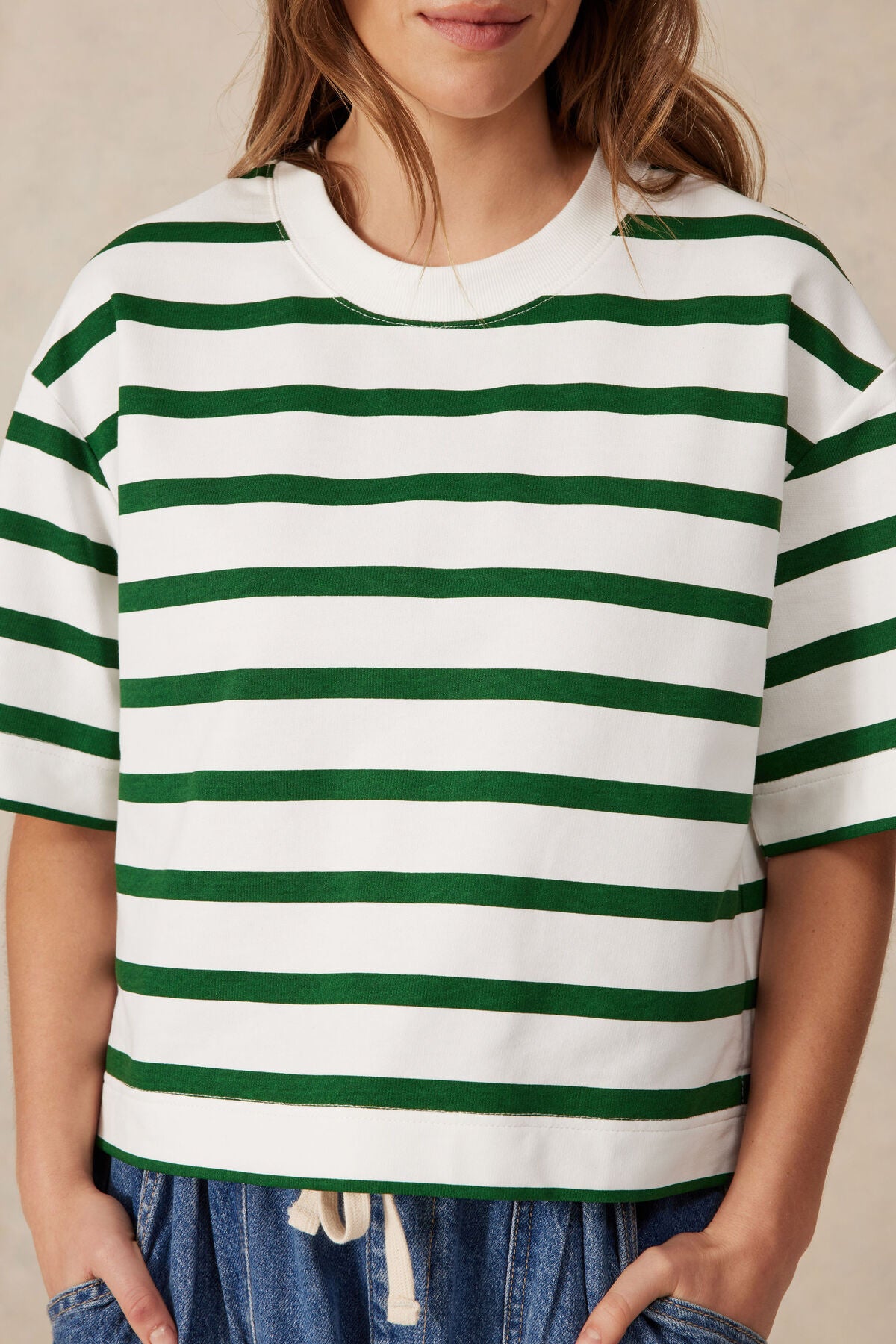 Ceres Life Boxy Terry Tee - white winter green stripe