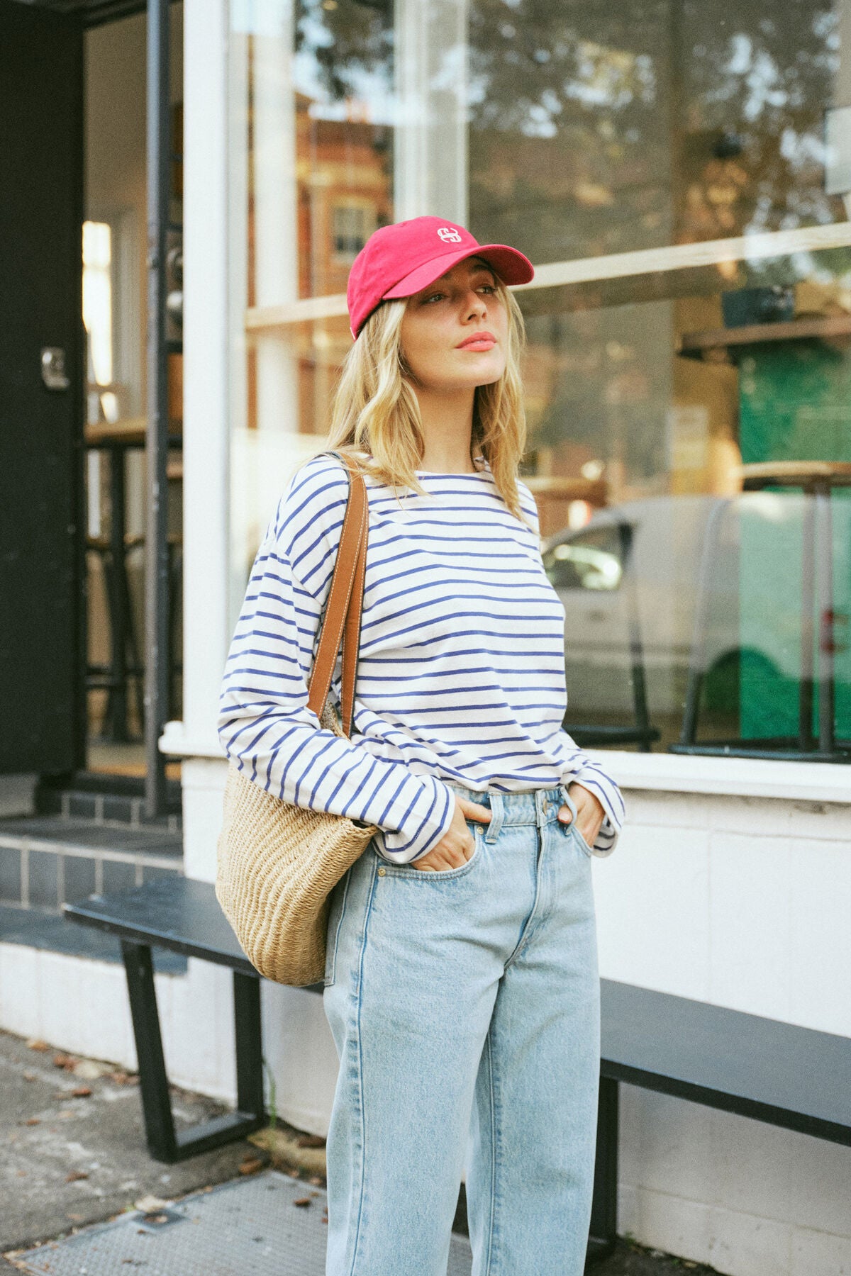 Ceres Life Slouchy Long Sleeve Boatneck Tee - college blue stripe