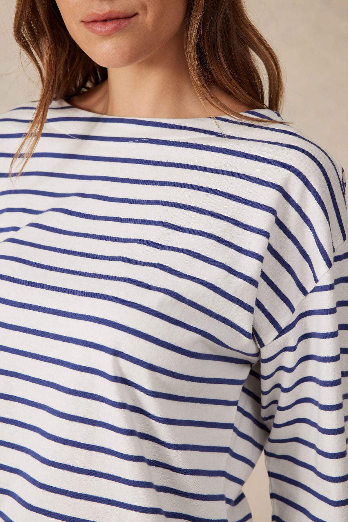 Ceres Life Slouchy Long Sleeve Boatneck Tee - college blue stripe