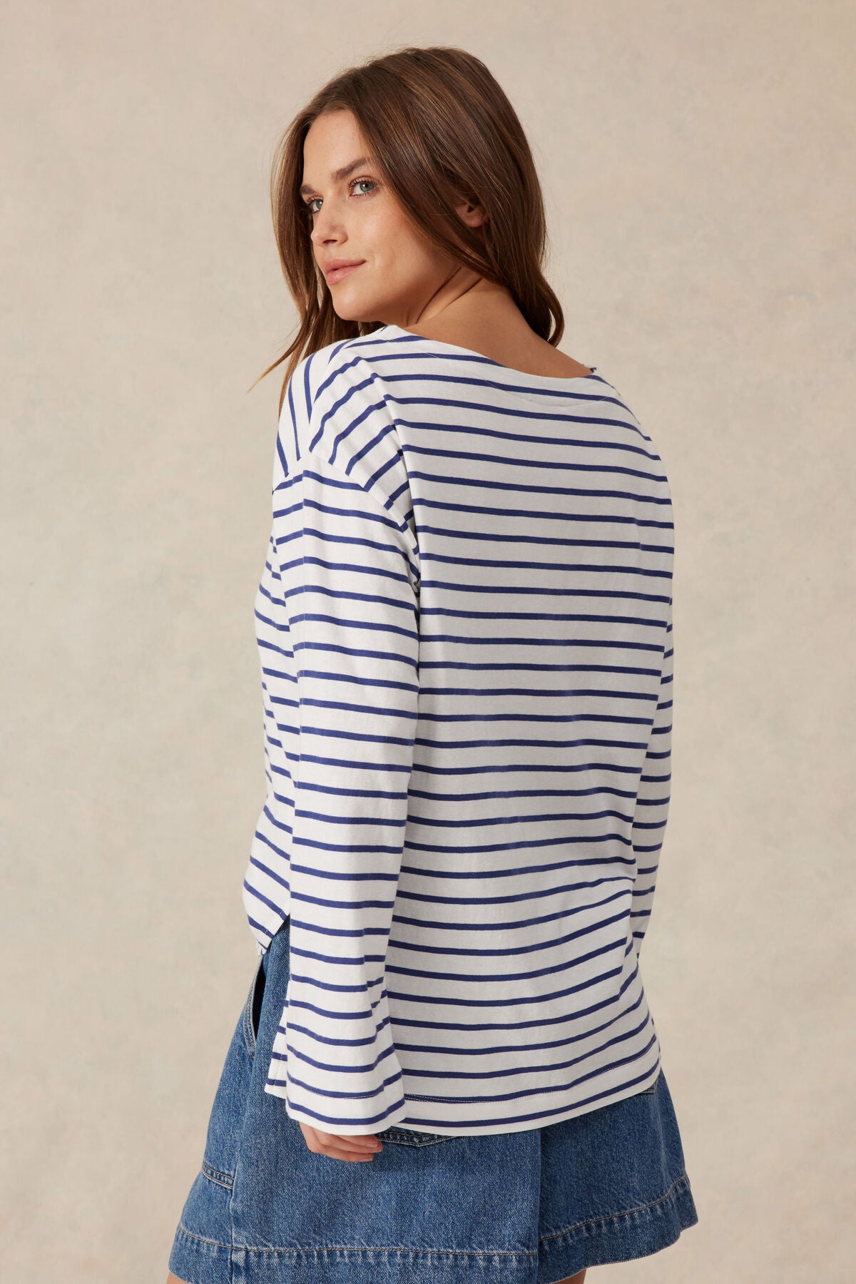 Ceres Life Slouchy Long Sleeve Boatneck Tee - college blue stripe