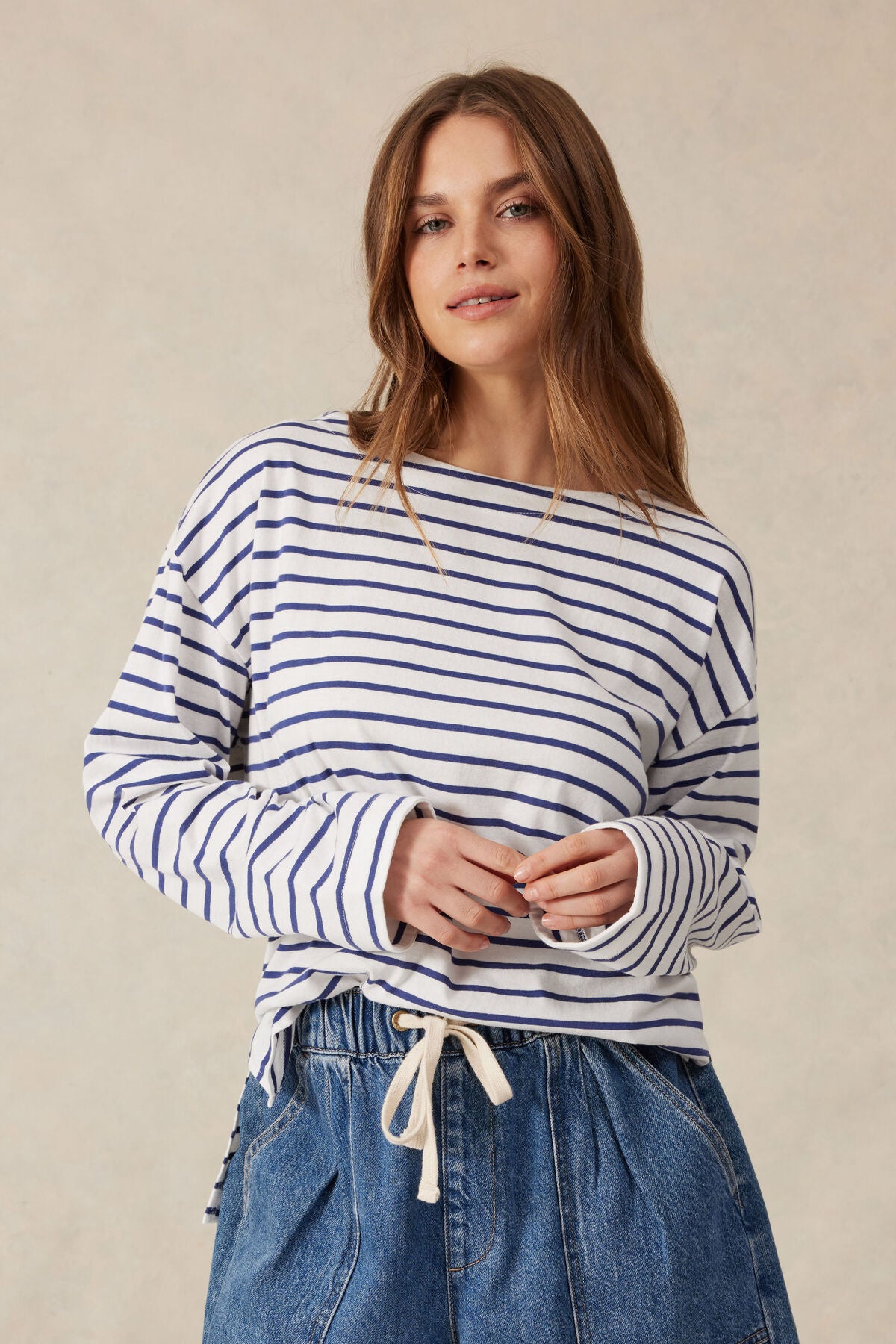 Ceres Life Slouchy Long Sleeve Boatneck Tee - college blue stripe