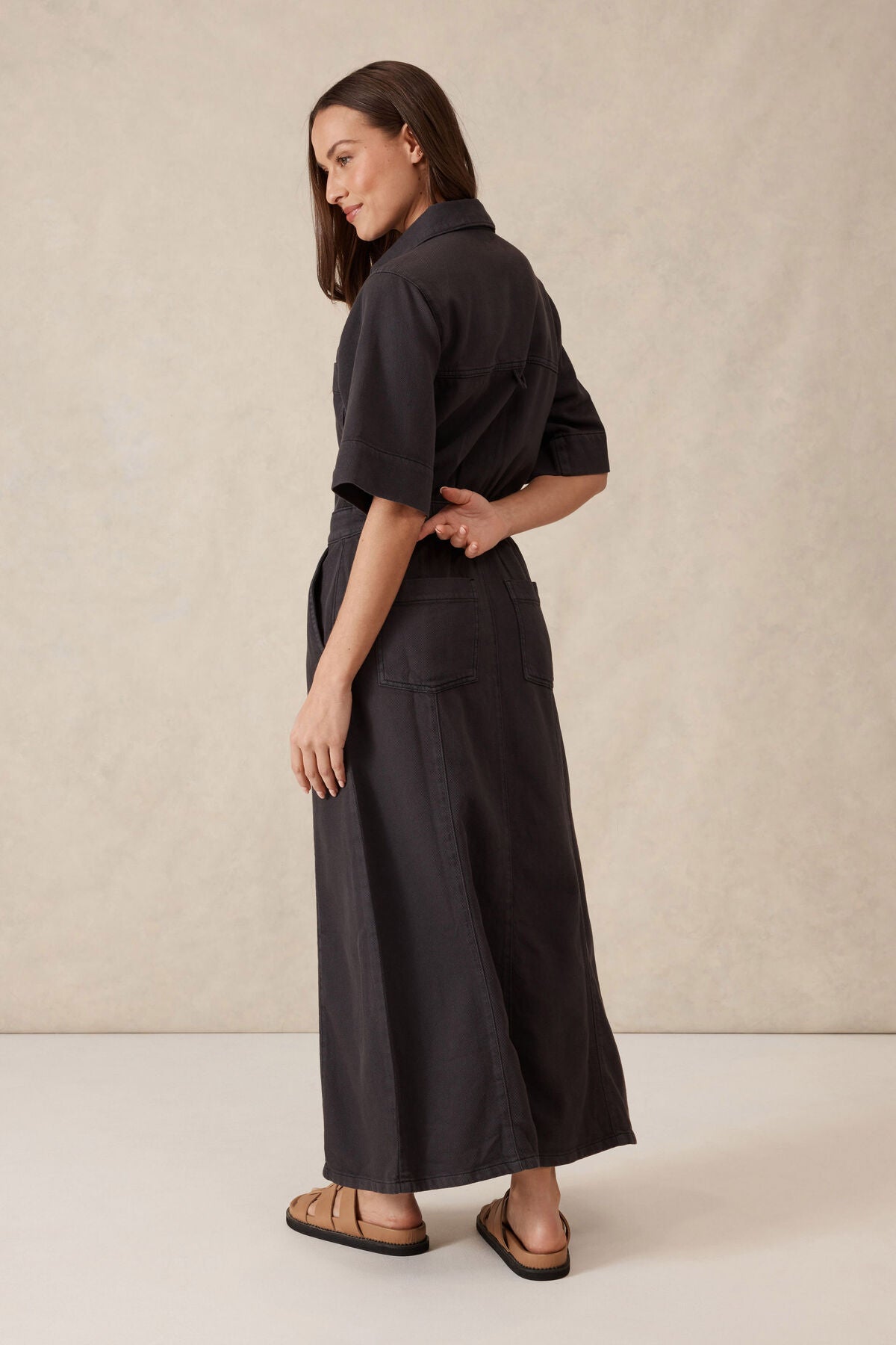 Ceres Life Short Sleeve Denim  Maxi Shirt Dress - washed black twill